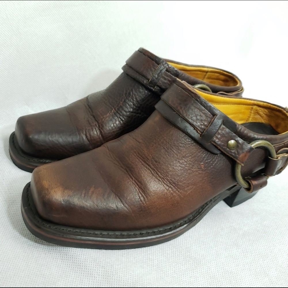 Frye Belted Harness Leather Square Toe Mule Cowboy